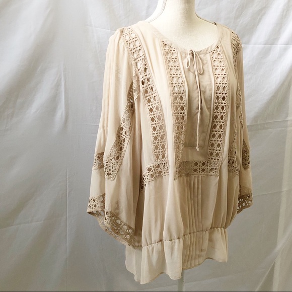 DR2 Beige Tie Neck Wide Sleeve Crochet Blouse - Picture 5 of 7